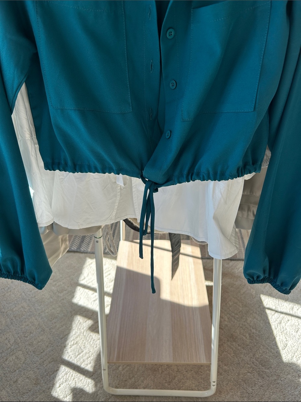 FAVLUX Teal Button-Front Drawstring Crop Shirt - Picture 3 of 7